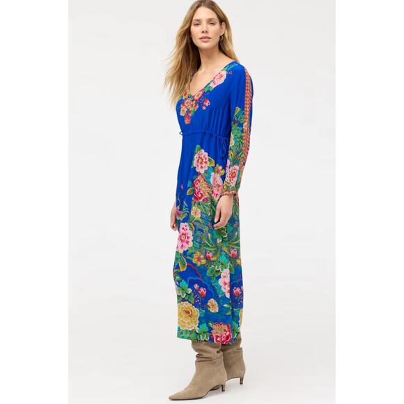 Johnny Was Dress Large Tiered Maxi Victoria Scarf Blue Silk Floral Boho Artsy - Picture 2 of 14